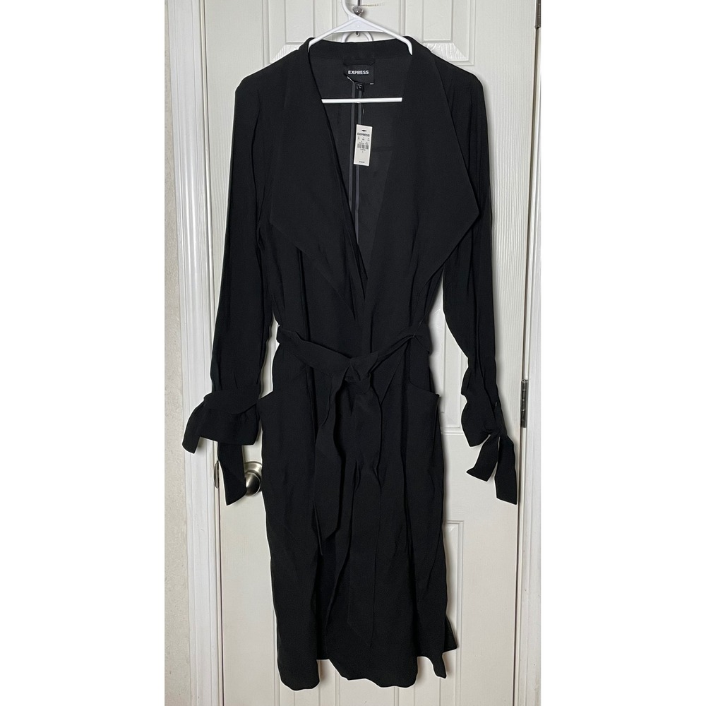 Express Womens Black Draped Duster Trench Coat Tie Cuff Belted Jacket L NWT